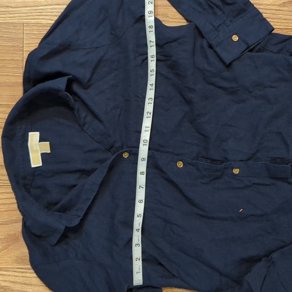 Michael Kors navy blue button up blouse gold buttons linen viscose size large - Picture 2 of 4
